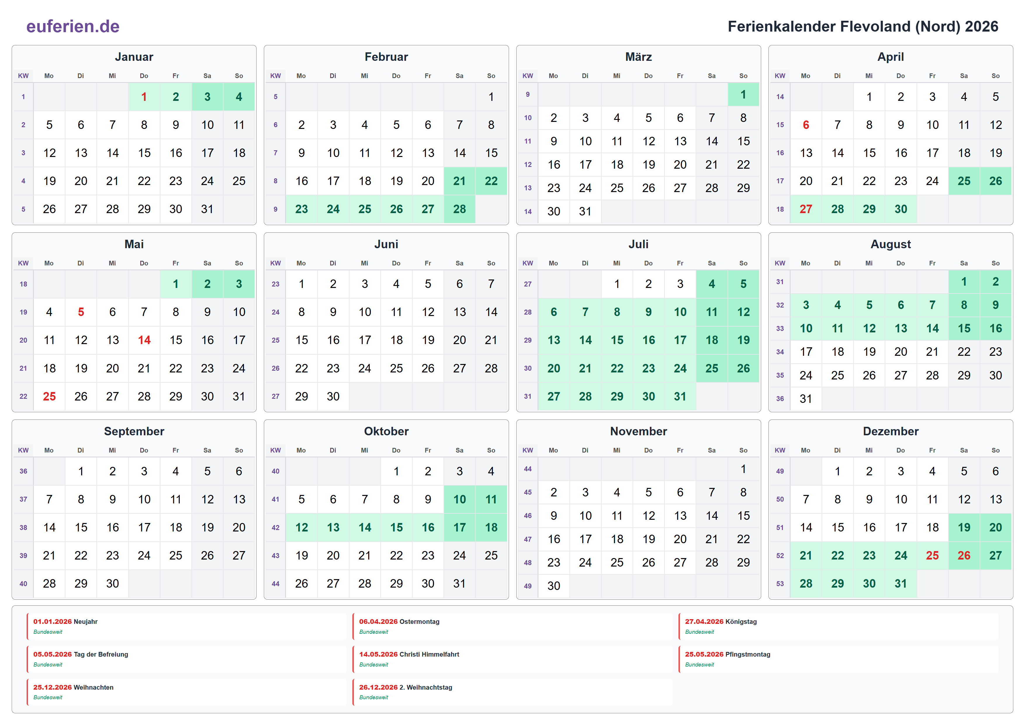 Ferienkalender Flevoland (Nord) 2026 – Querformat