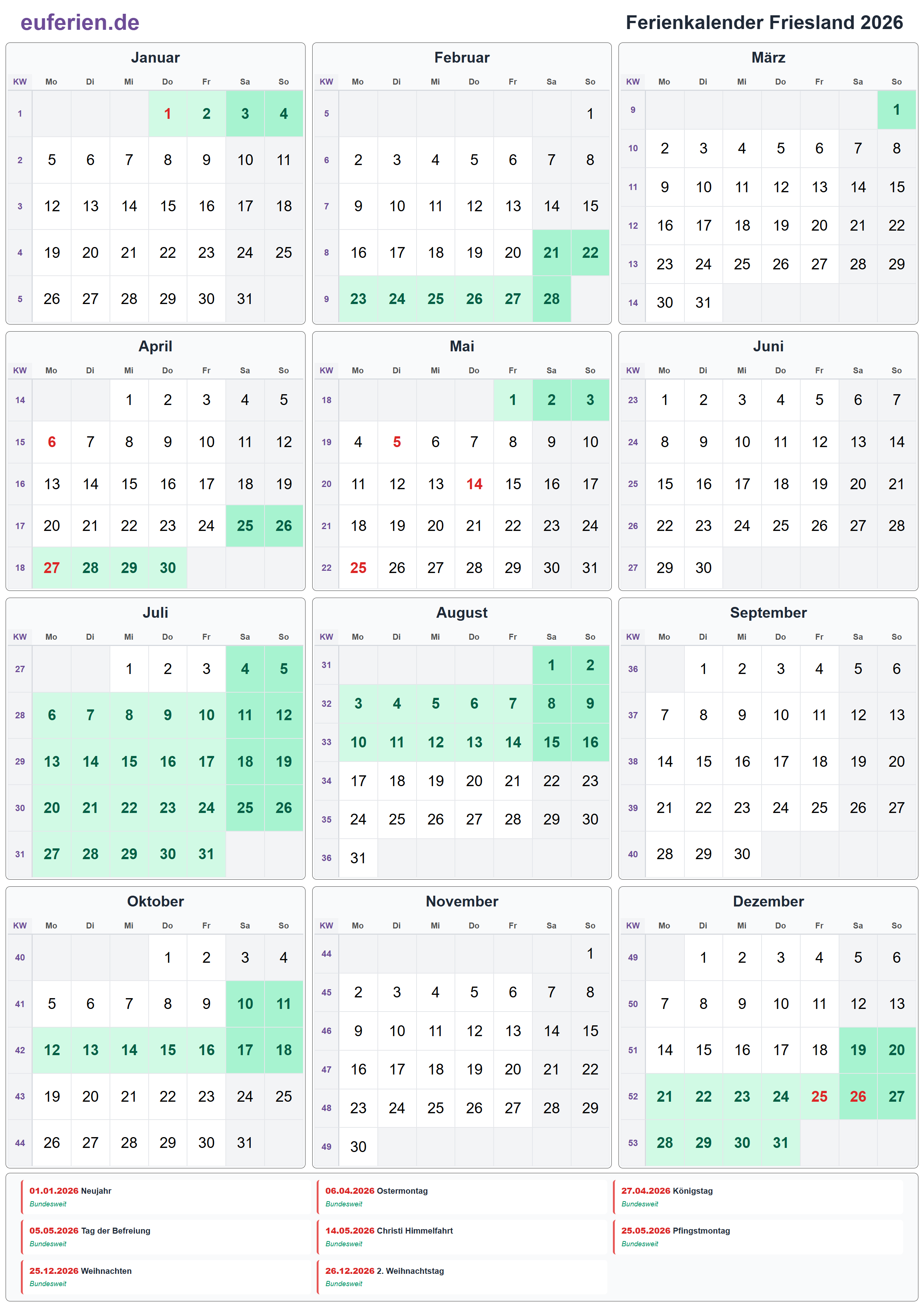Ferienkalender Friesland 2026 – Hochformat