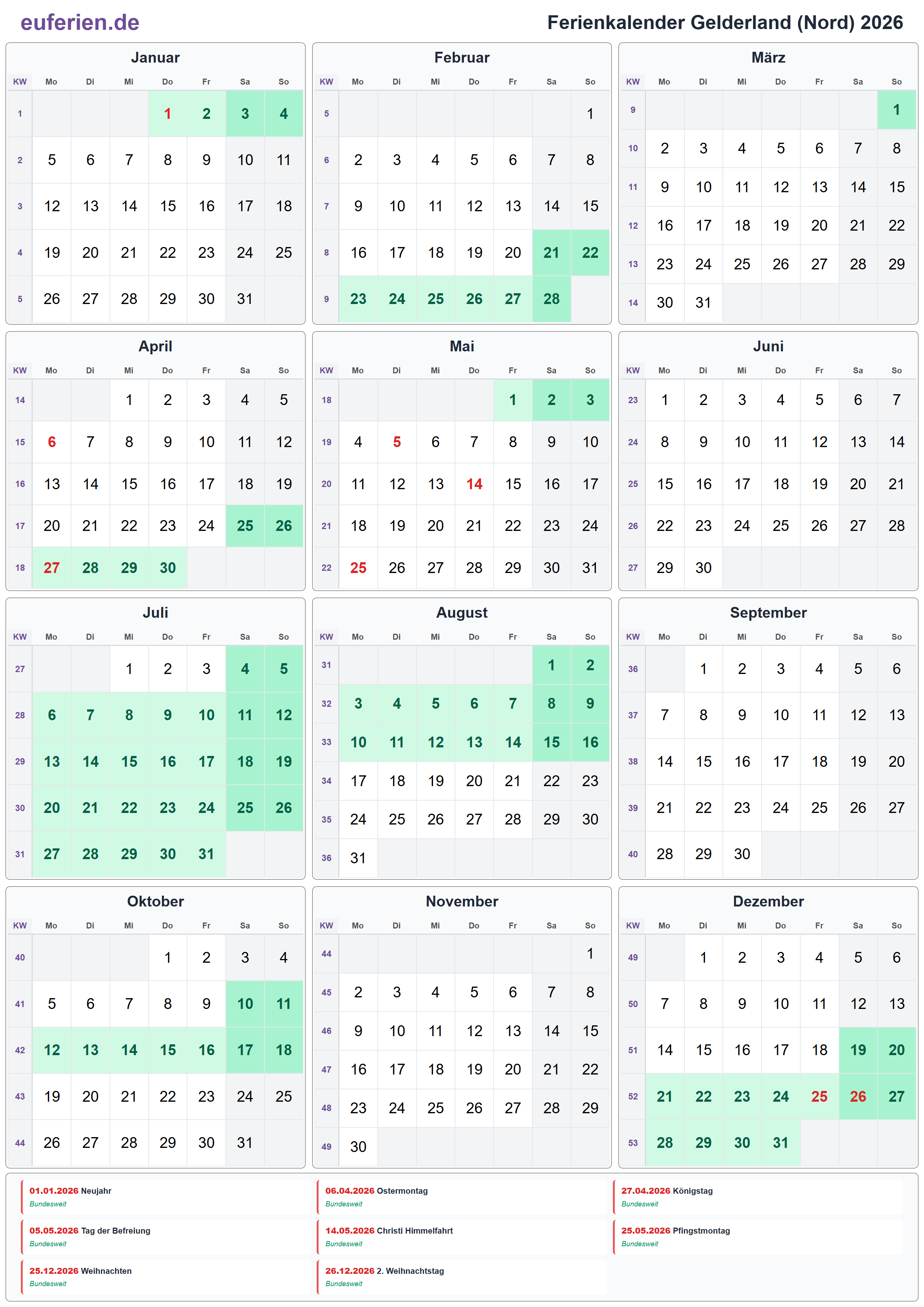 Ferienkalender Gelderland (Nord) 2026 – Hochformat