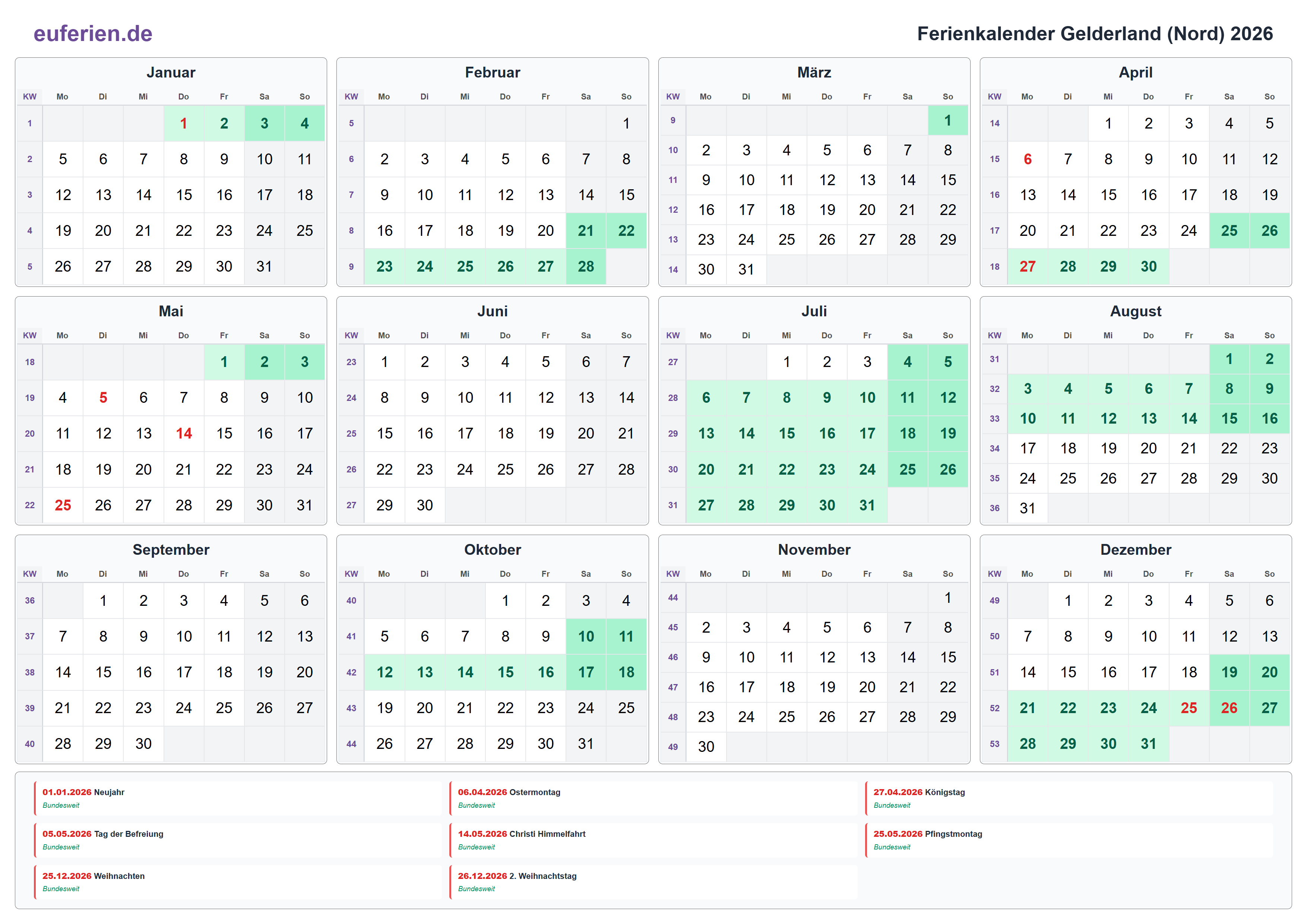 Ferienkalender Gelderland (Nord) 2026 – Querformat
