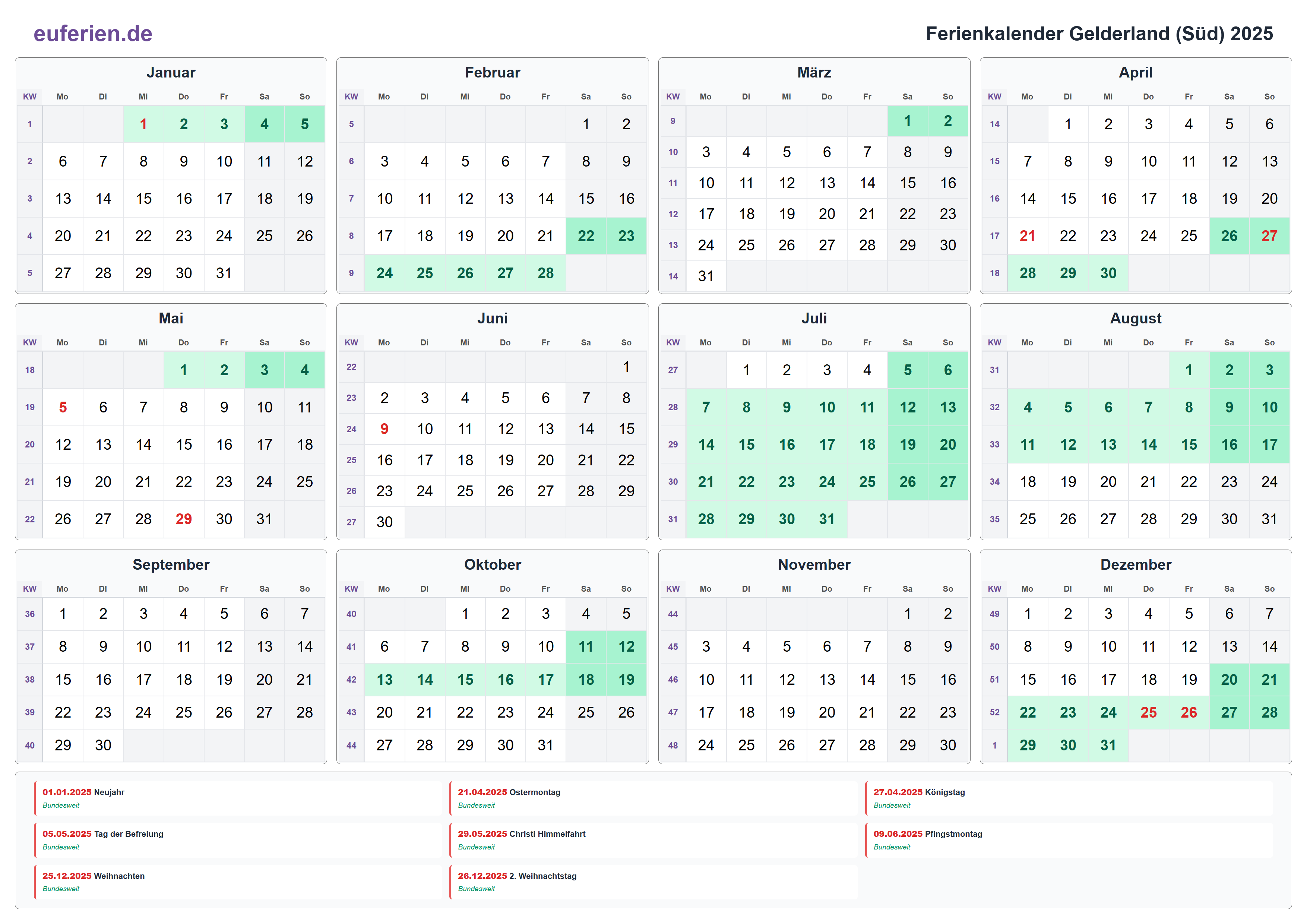 Ferienkalender Gelderland (Süd) 2025 – Querformat