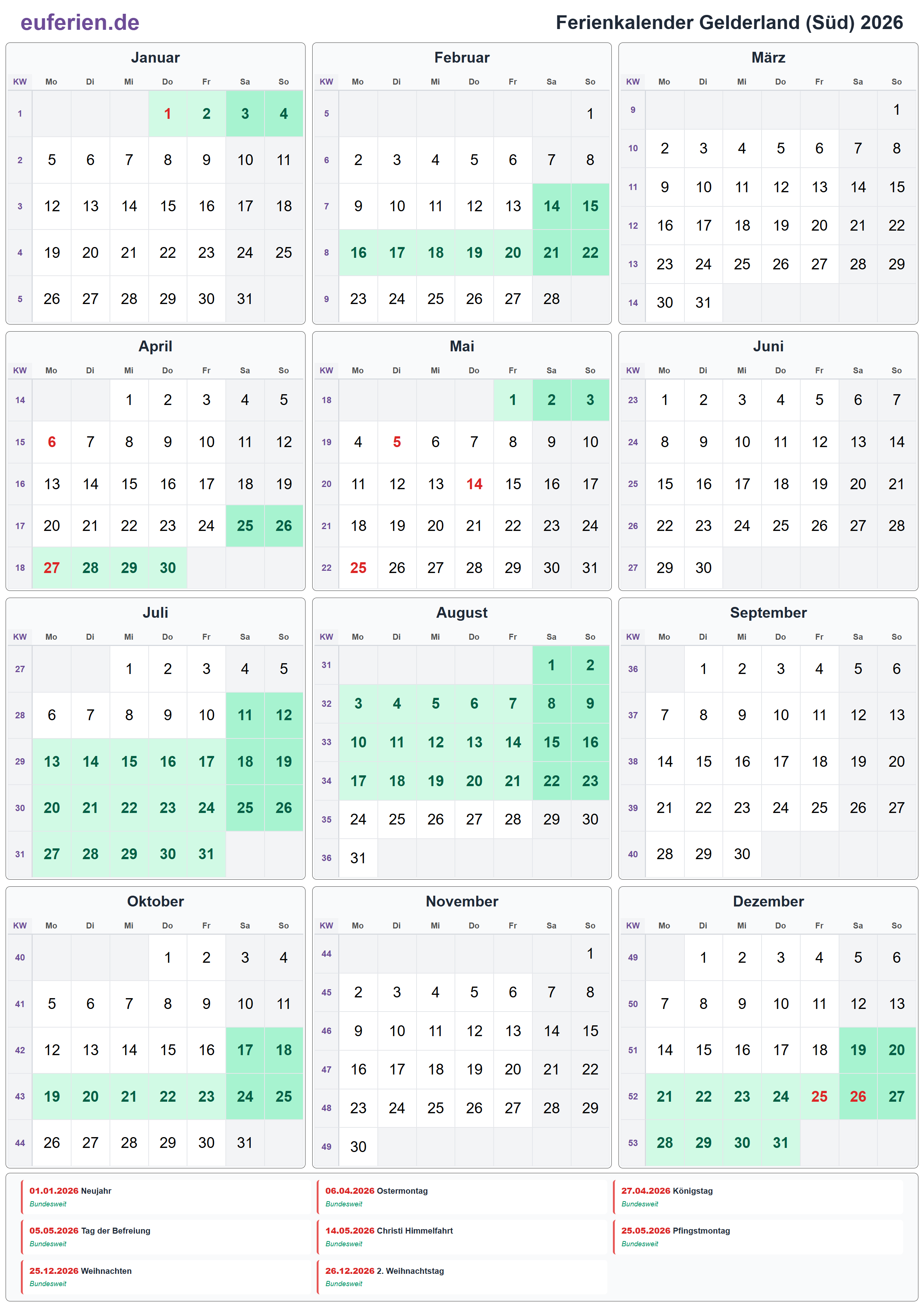 Ferienkalender Gelderland (Süd) 2026 – Hochformat