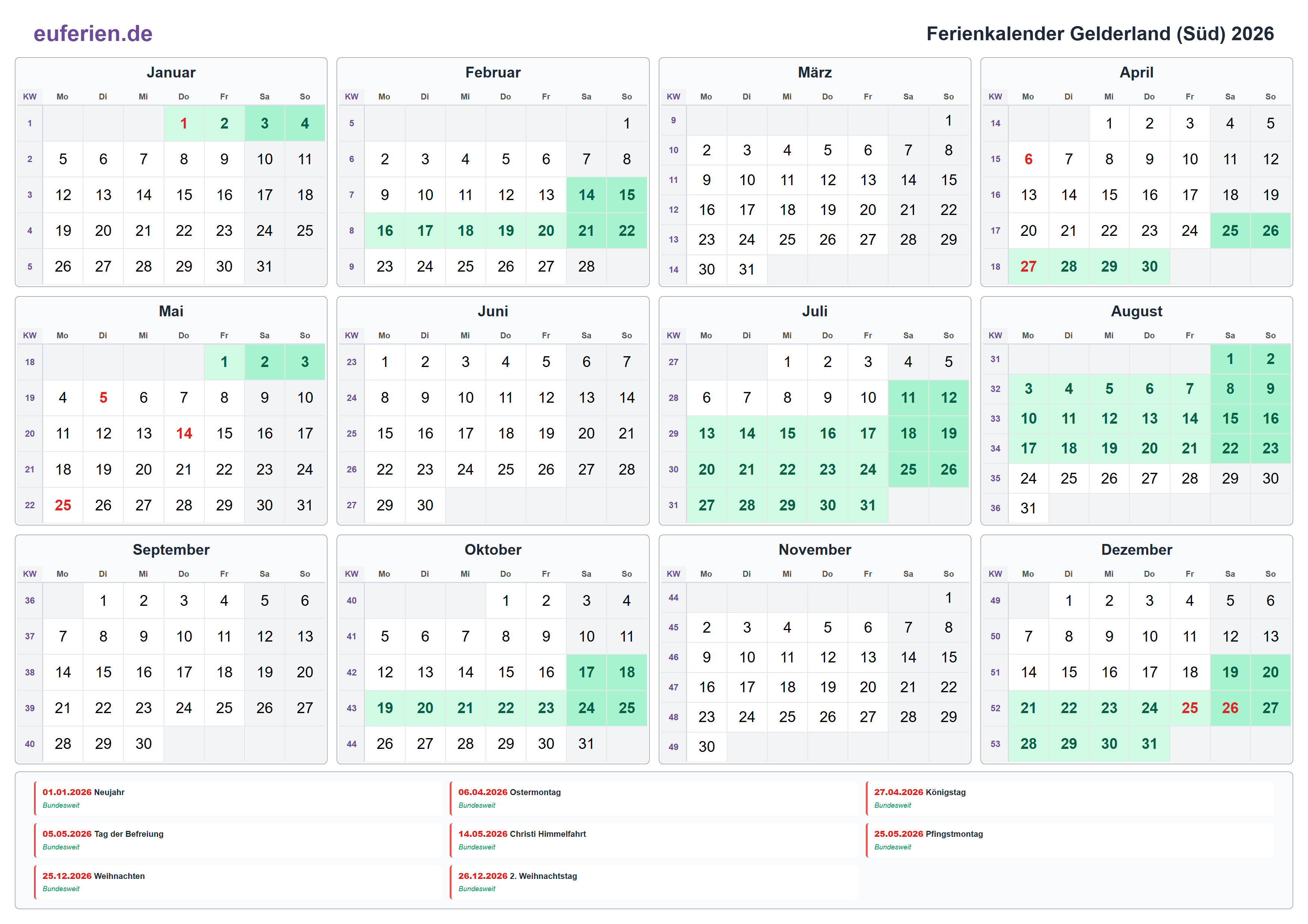 Ferienkalender Gelderland (Süd) 2026 – Querformat