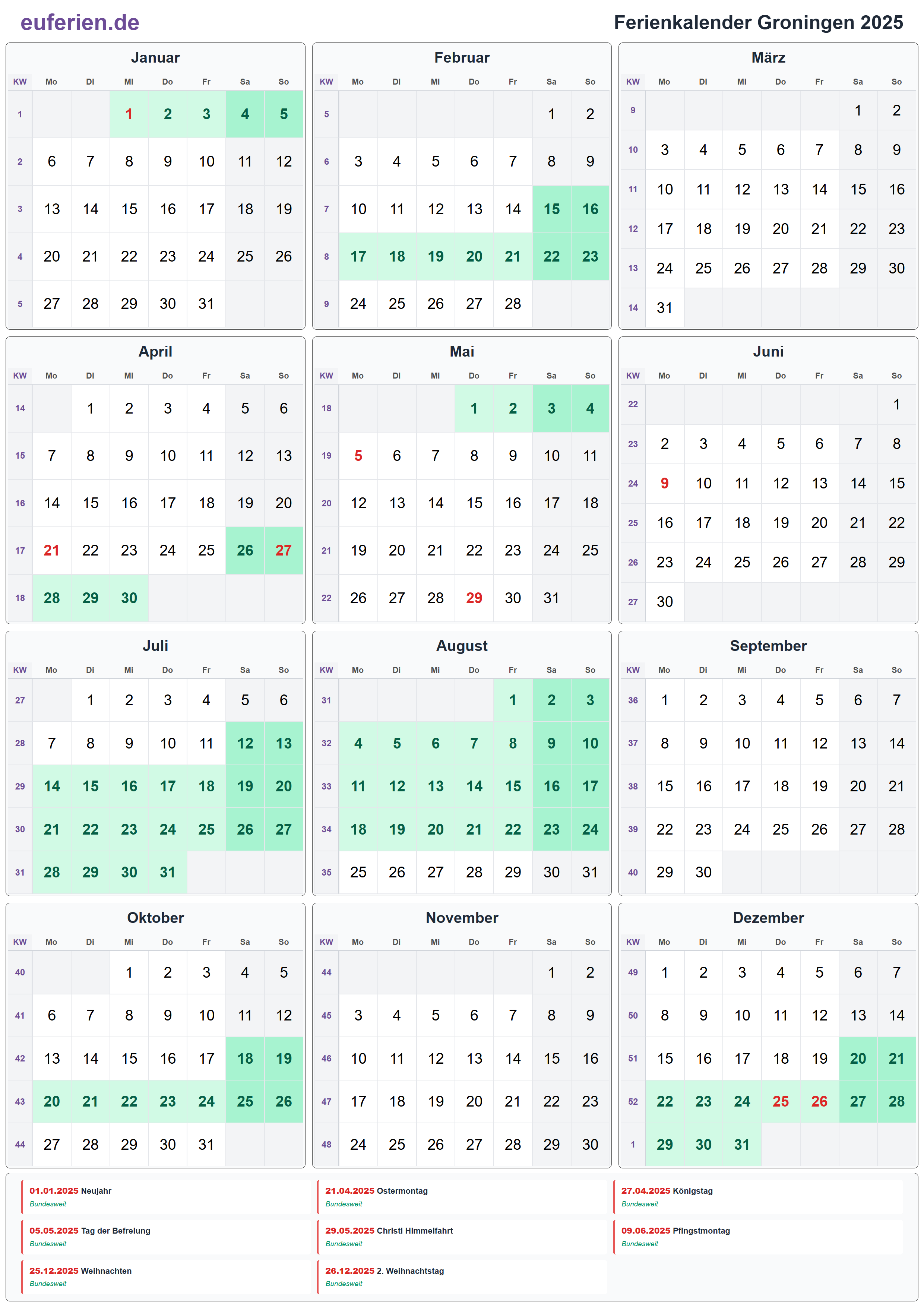 Ferienkalender Groningen 2025 – Hochformat