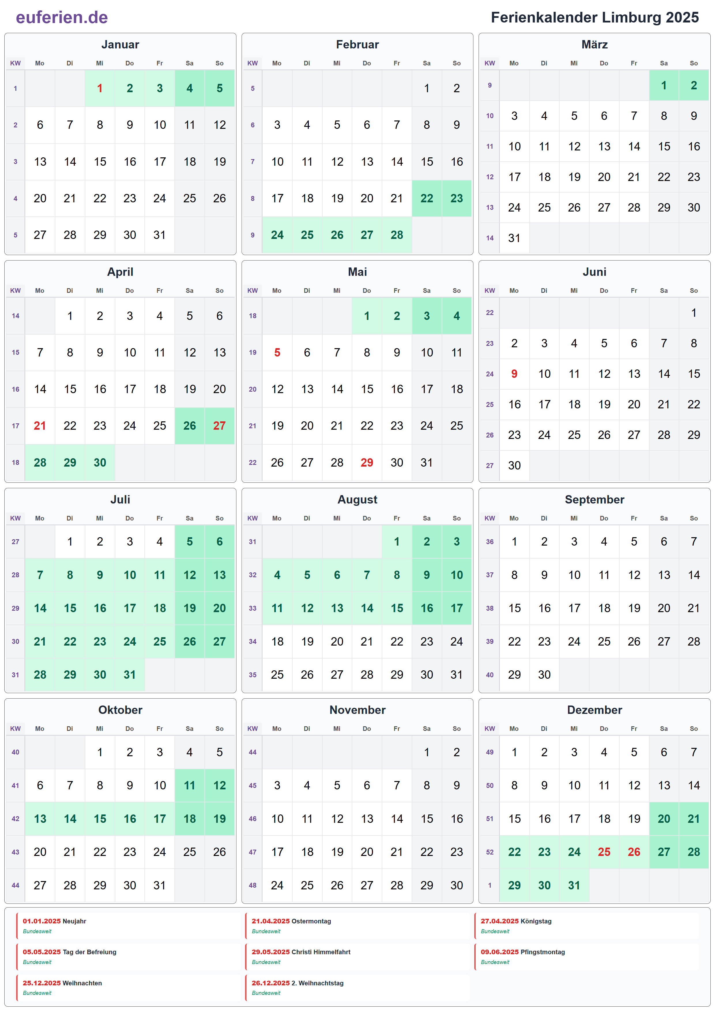 Ferienkalender Limburg 2025 – Hochformat