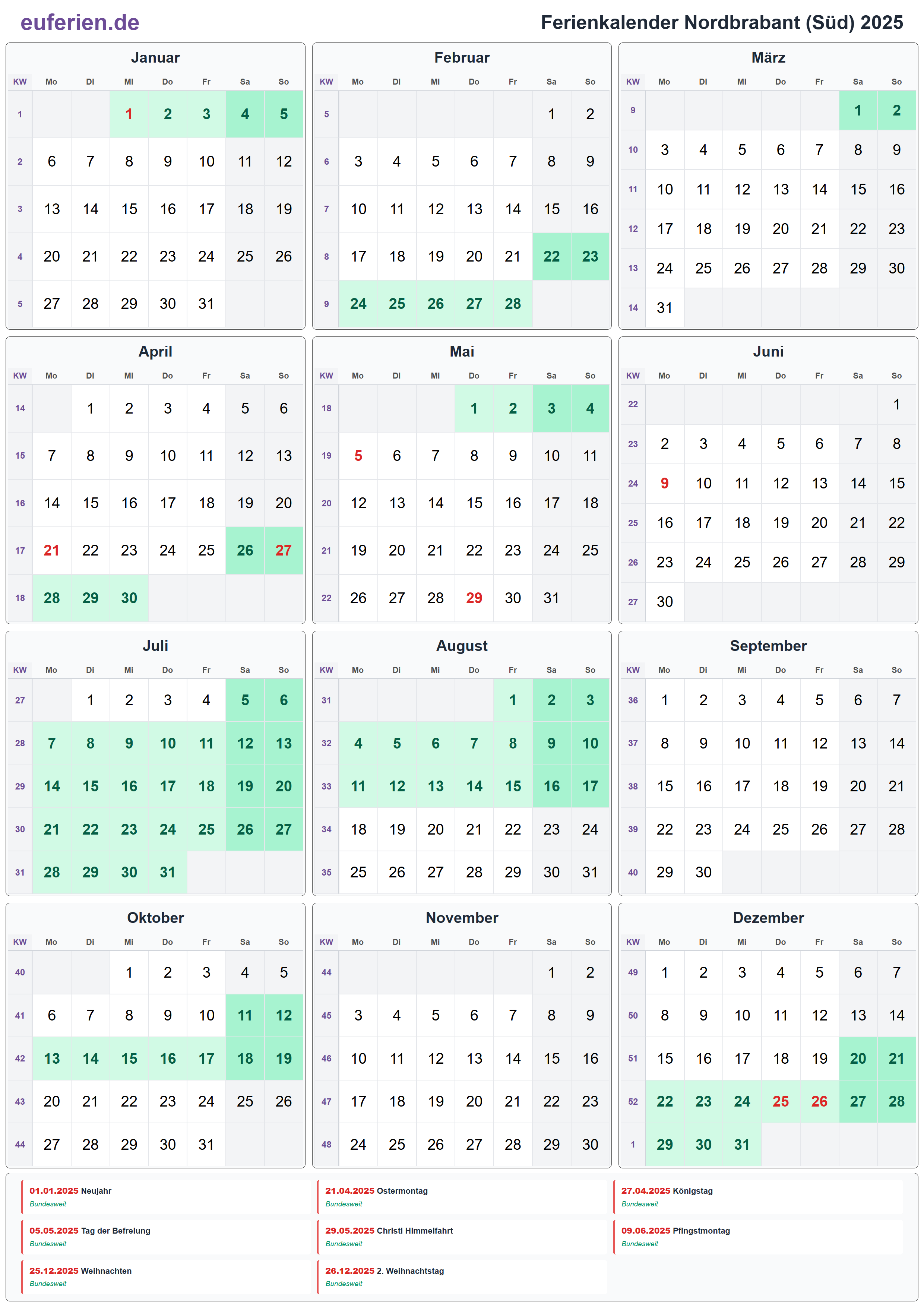 Ferienkalender Nordbrabant (Süd) 2025 – Hochformat