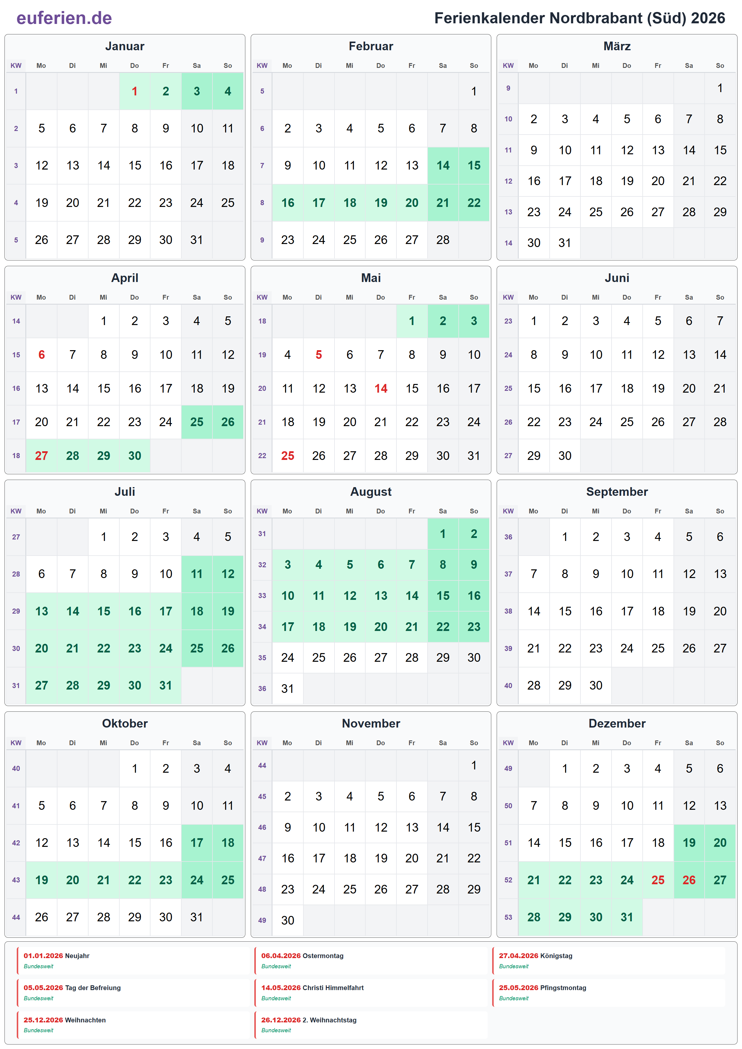 Ferienkalender Nordbrabant (Süd) 2026 – Hochformat