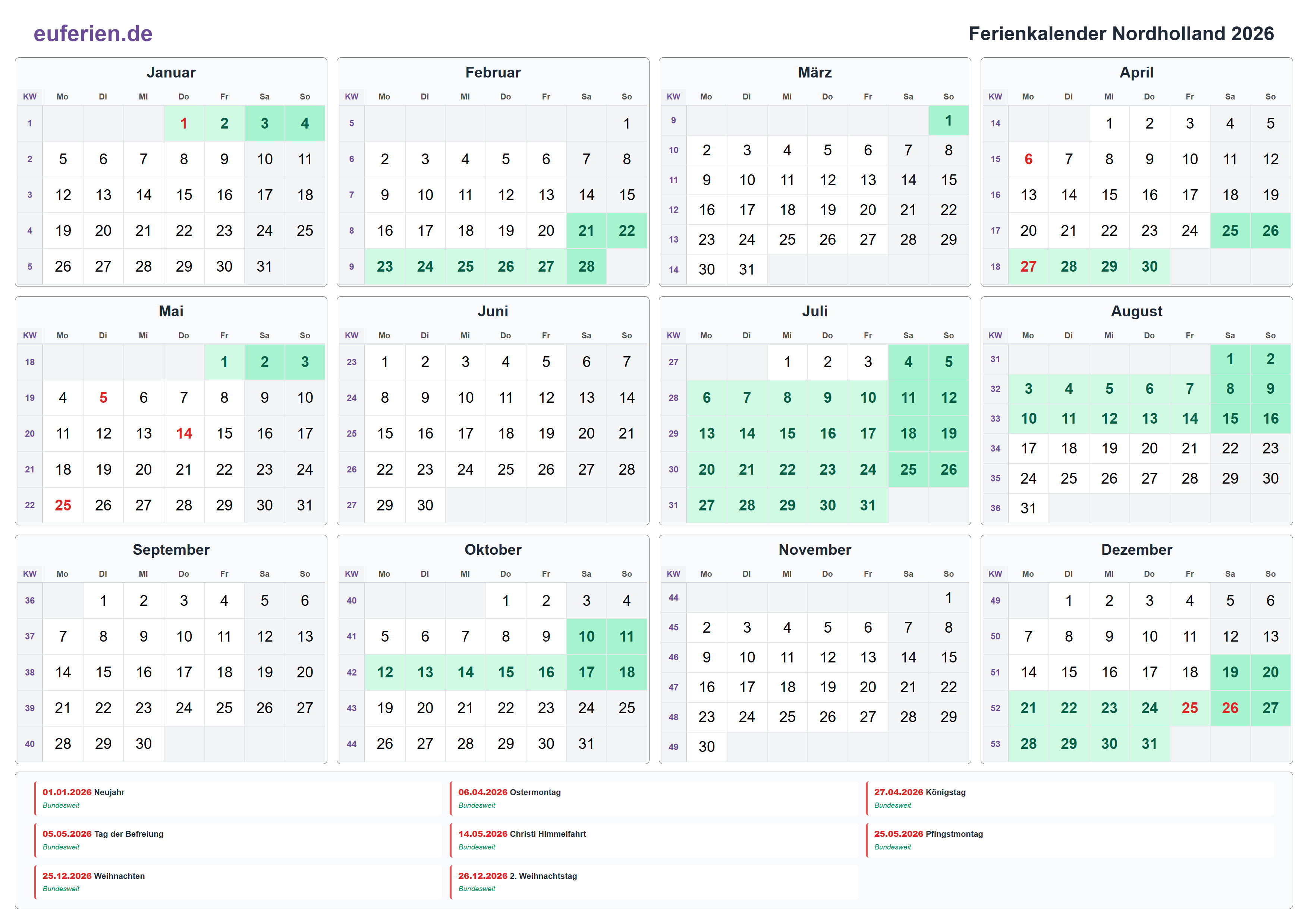 Ferienkalender Nordholland 2026 – Querformat