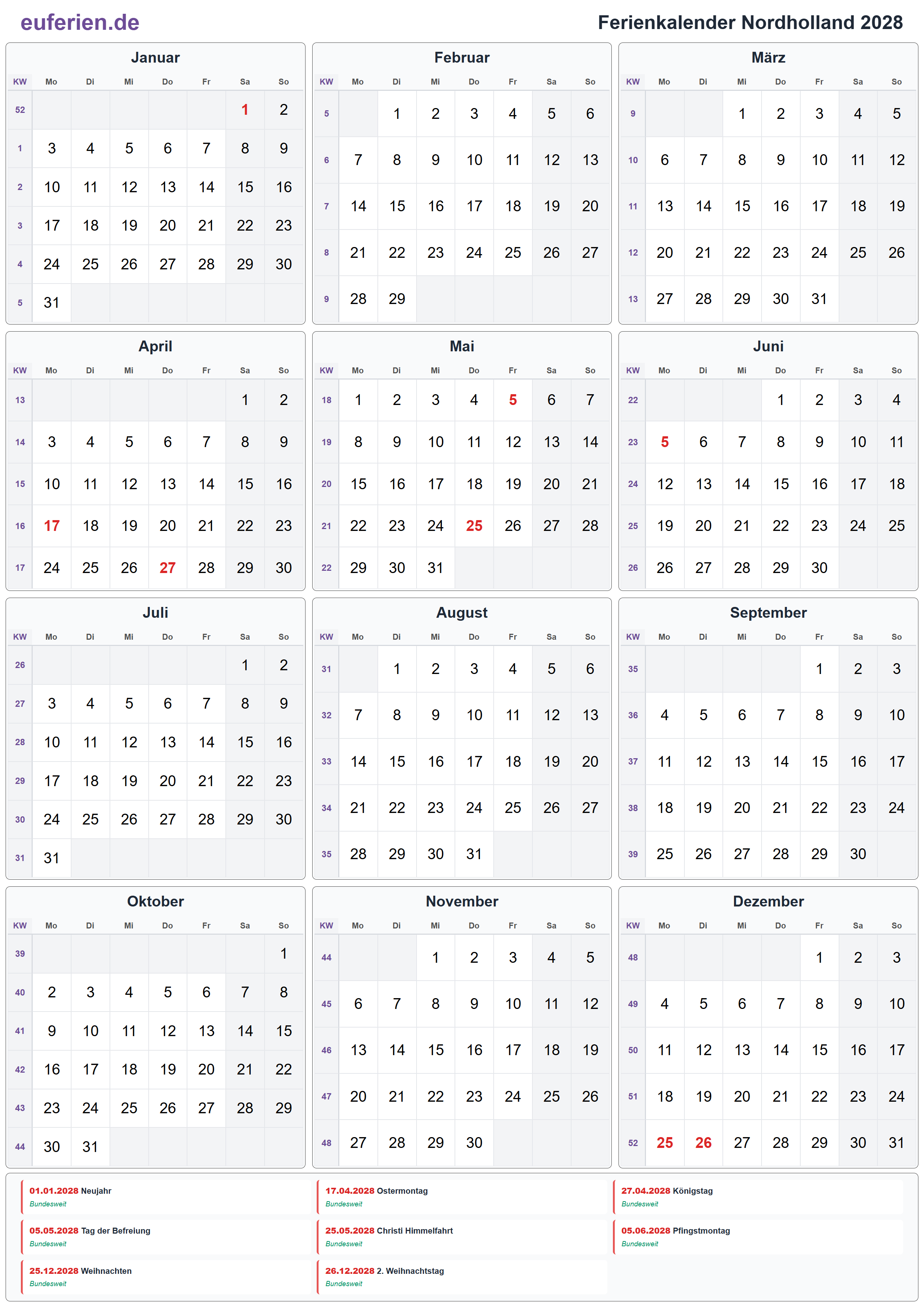 Ferienkalender Nordholland 2028 – Hochformat