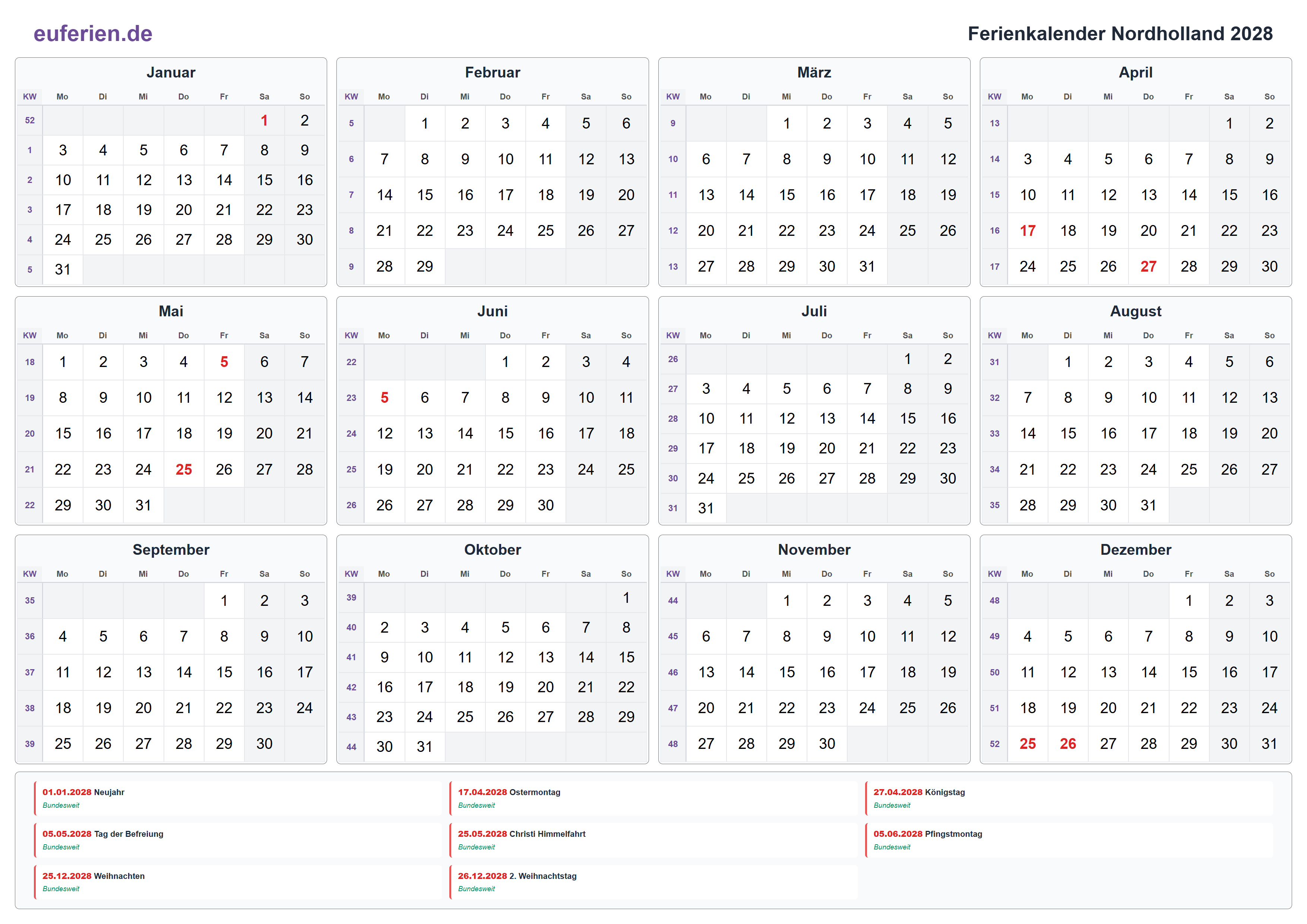 Ferienkalender Nordholland 2028 – Querformat