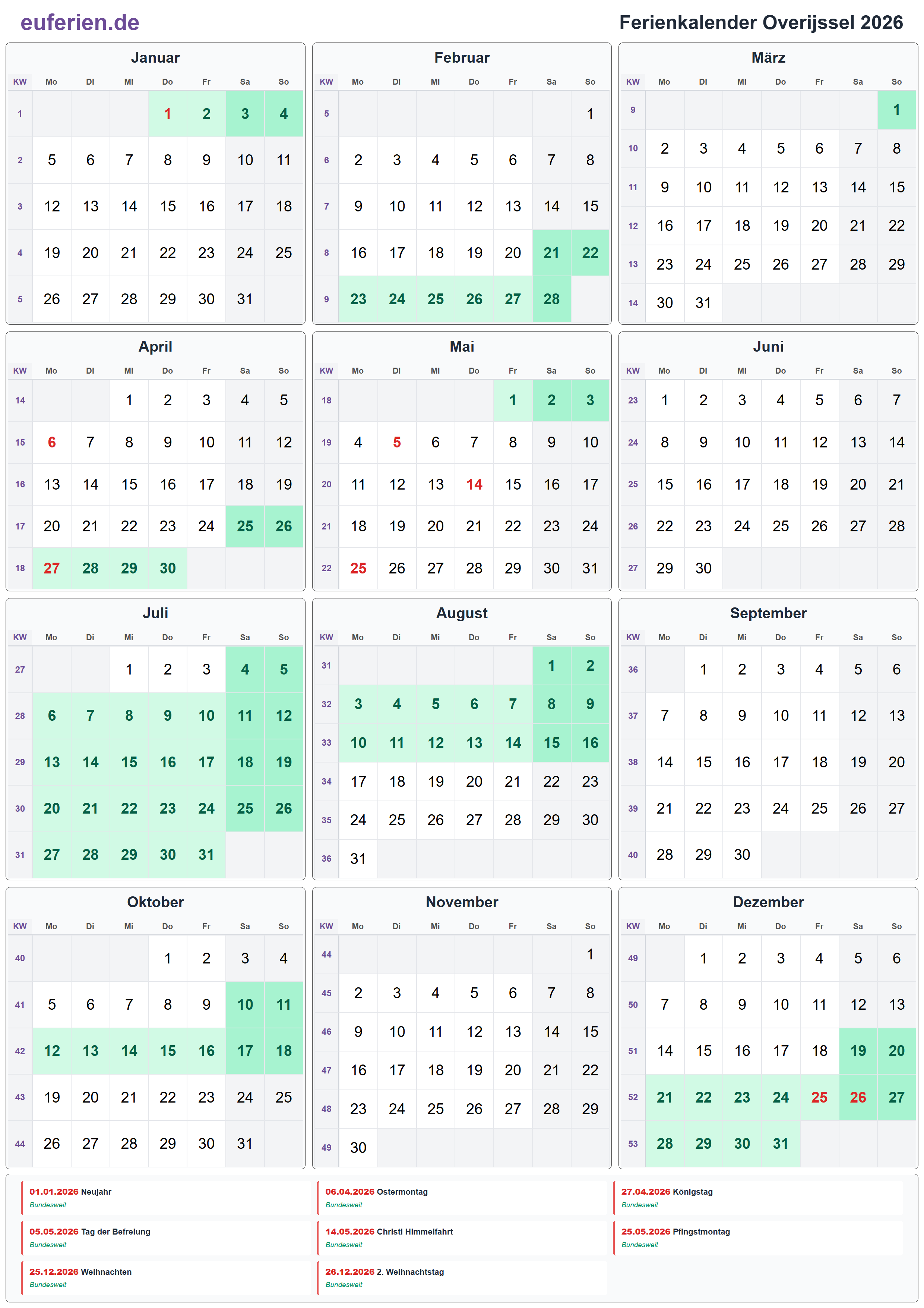 Ferienkalender Overijssel 2026 – Hochformat