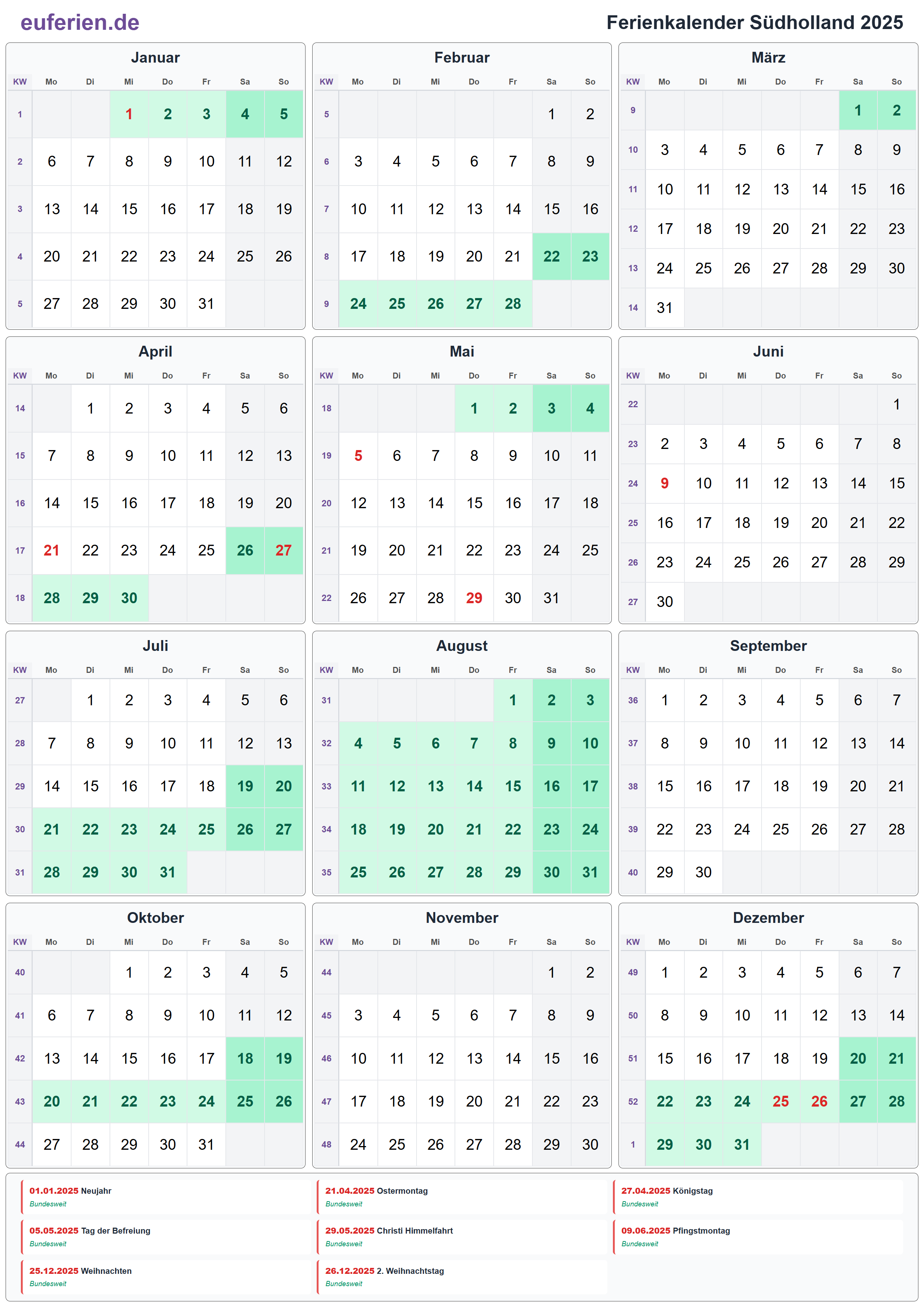Ferienkalender Südholland 2025 – Hochformat