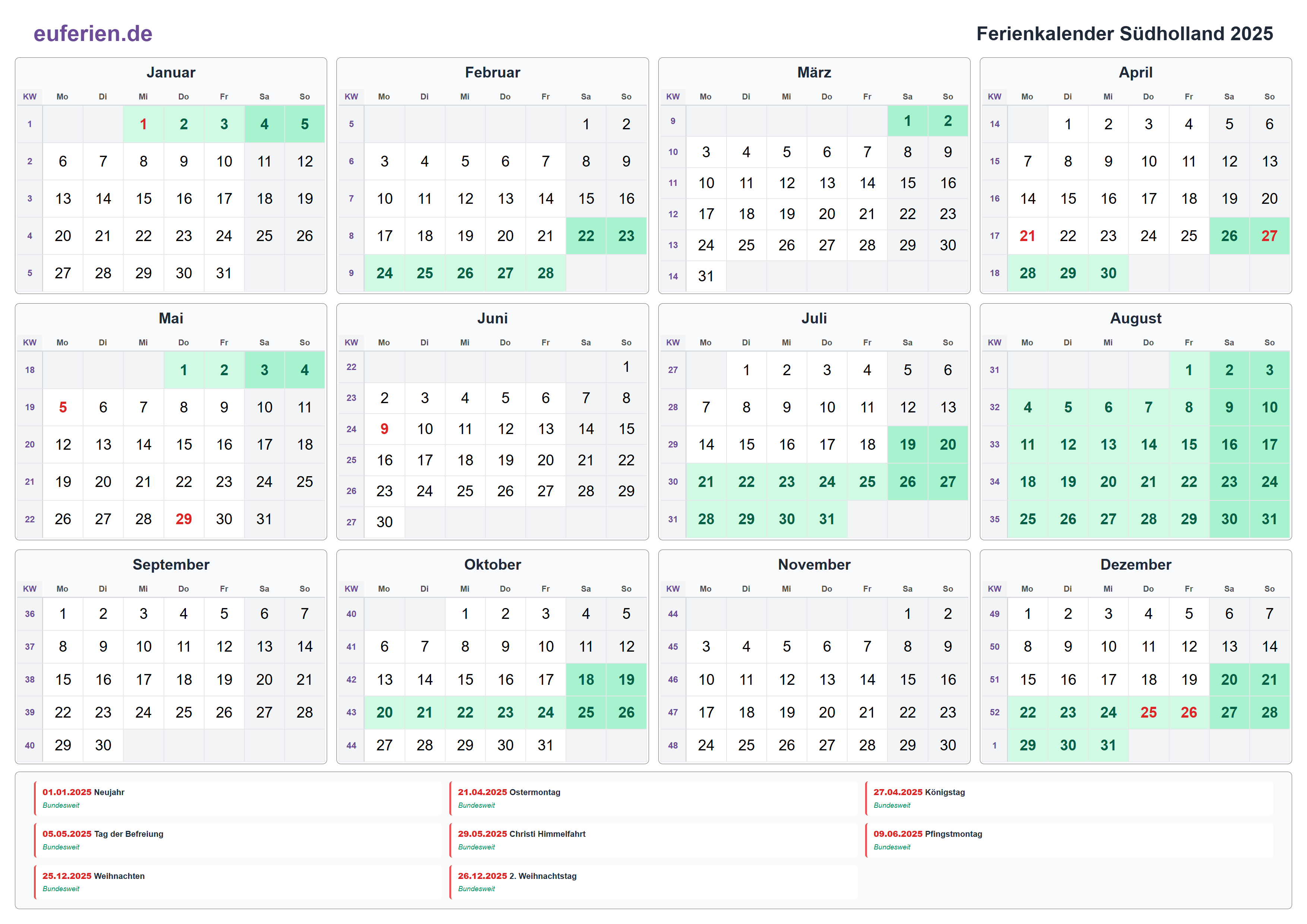 Ferienkalender Südholland 2025 – Querformat