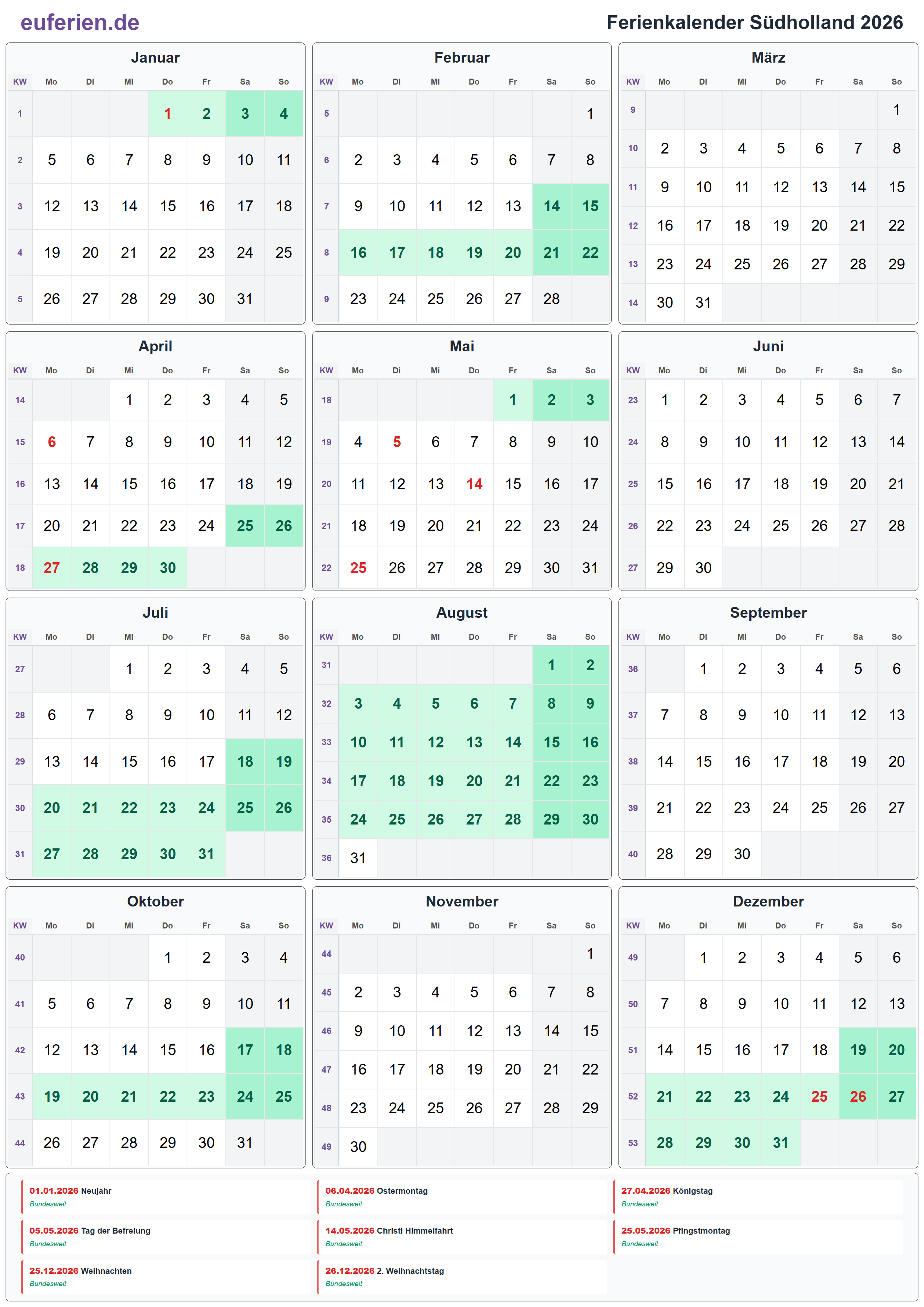 Ferienkalender Südholland 2026 – Hochformat