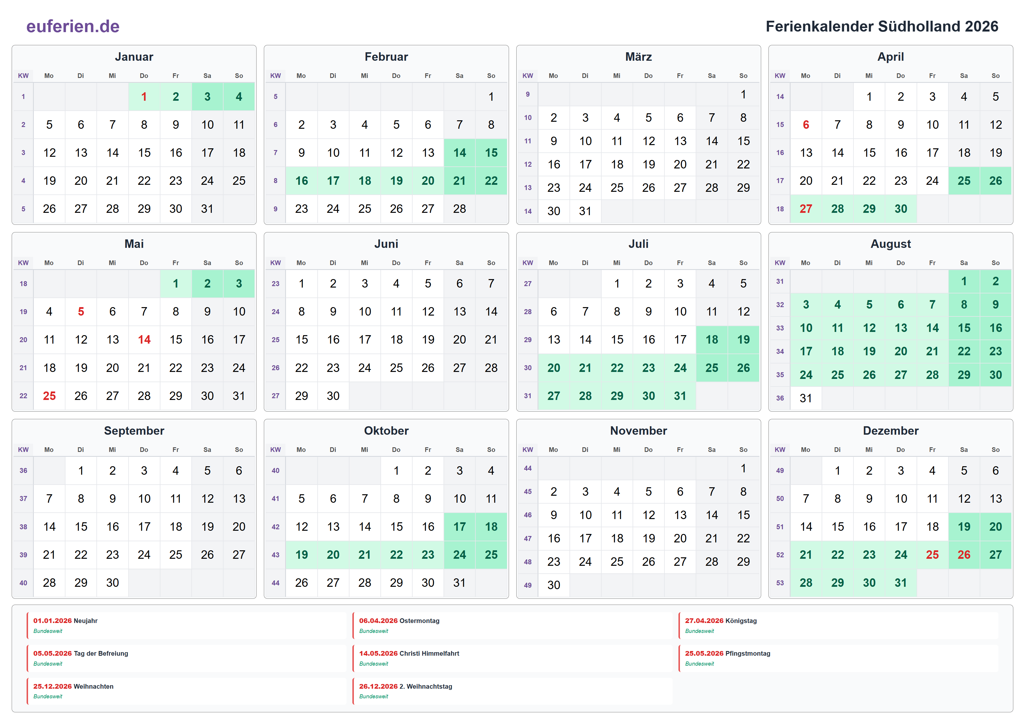 Ferienkalender Südholland 2026 – Querformat