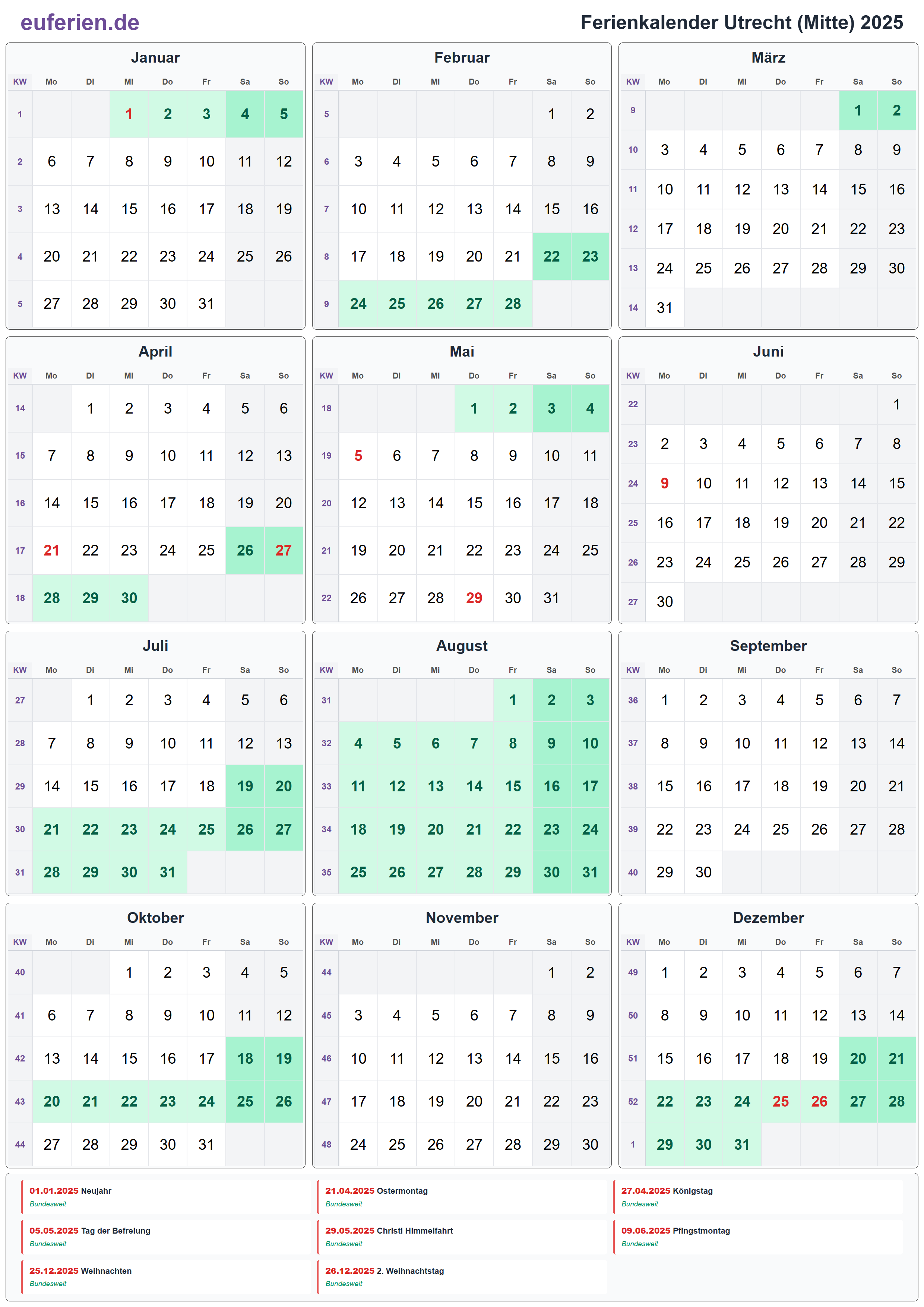 Ferienkalender Utrecht (Mitte) 2025 – Hochformat