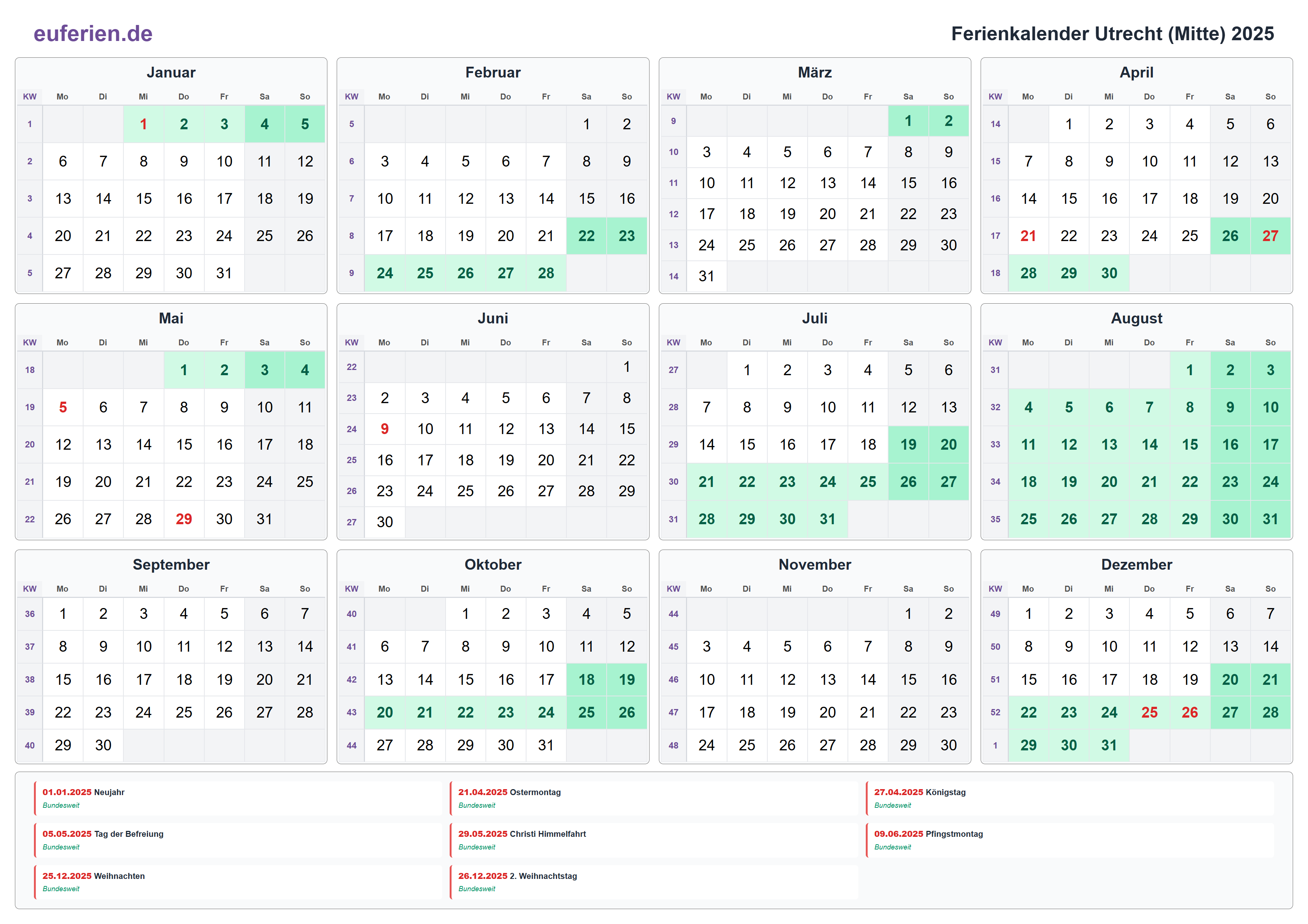 Ferienkalender Utrecht (Mitte) 2025 – Querformat