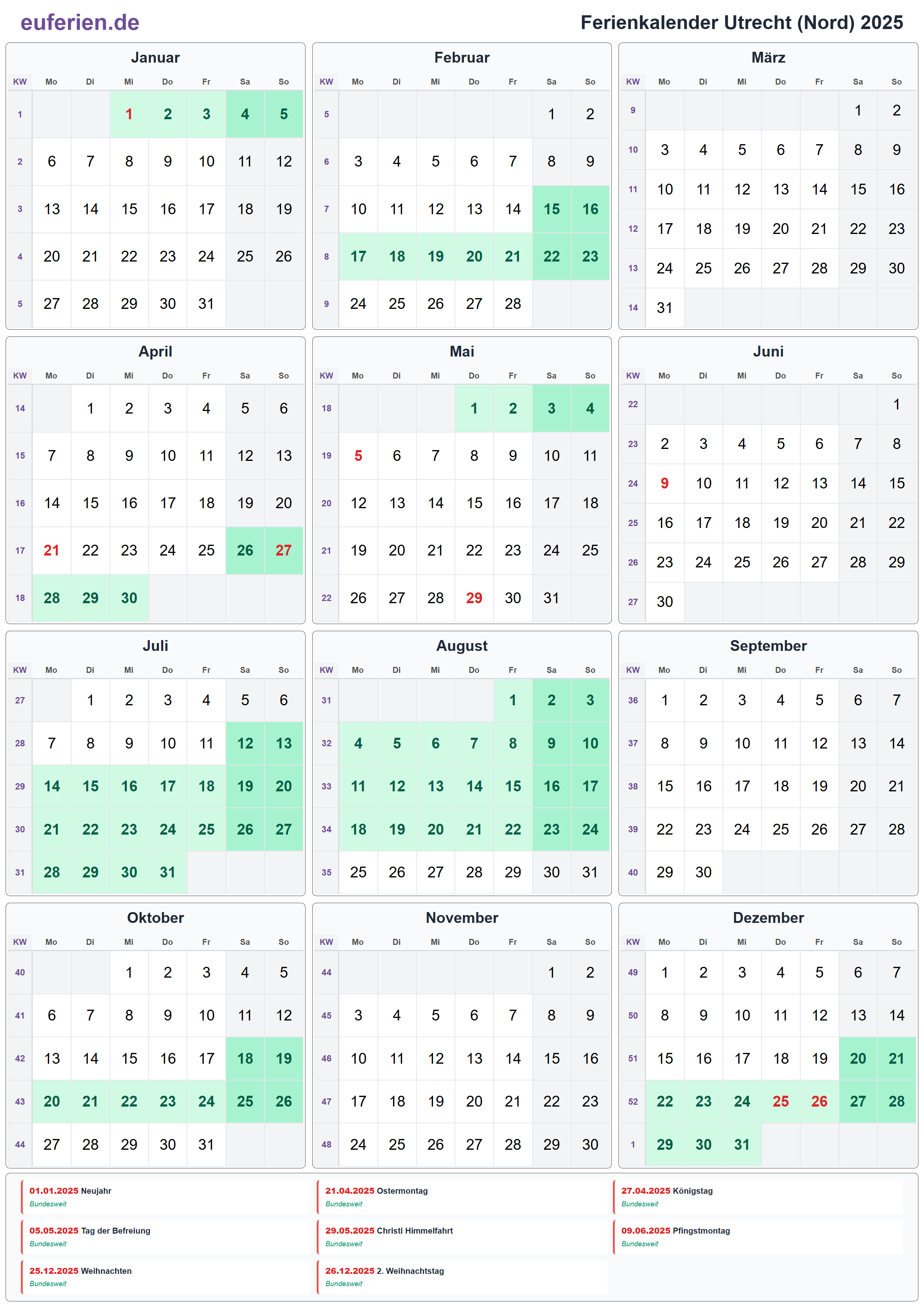 Ferienkalender Utrecht (Nord) 2025 – Hochformat