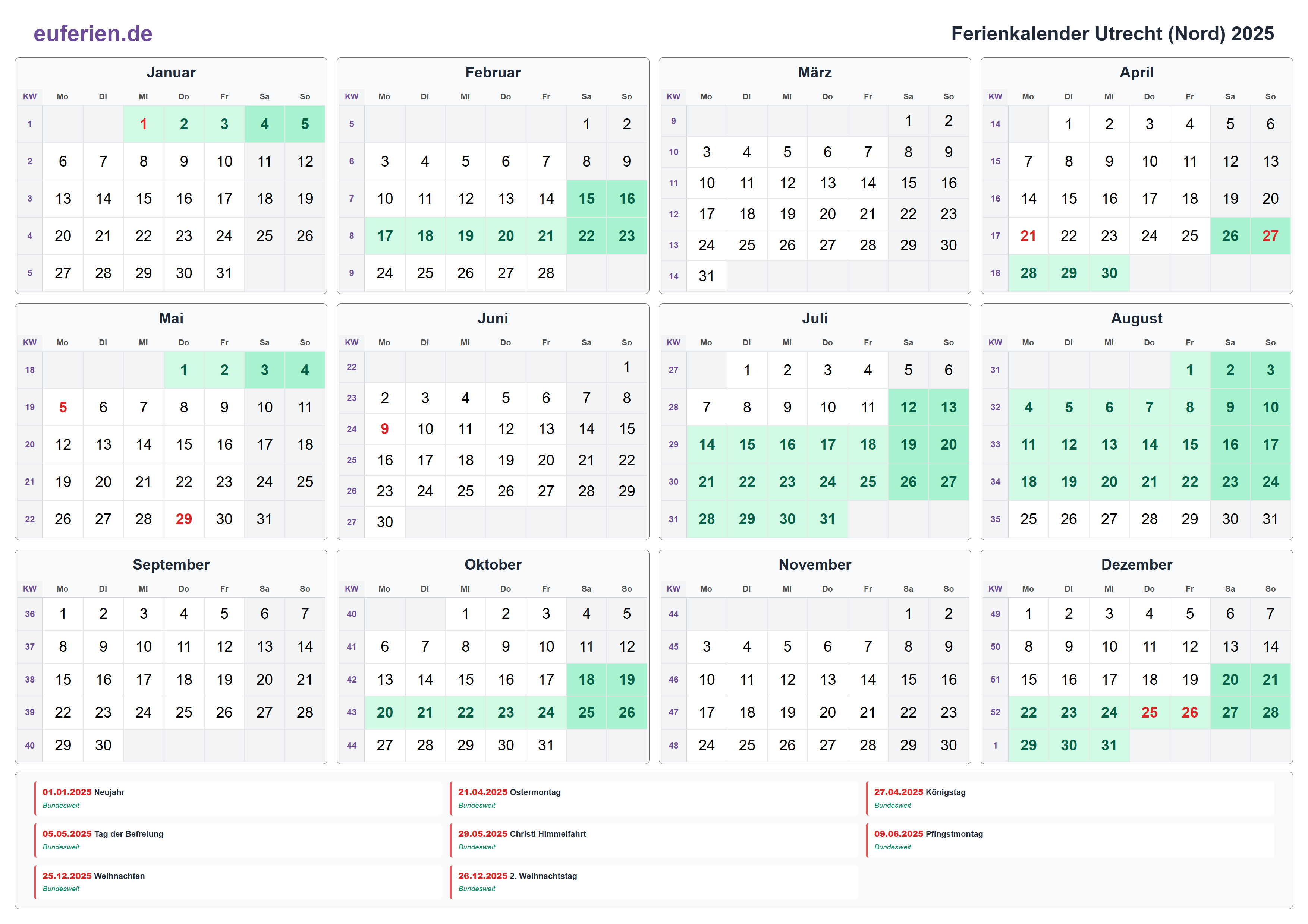 Ferienkalender Utrecht (Nord) 2025 – Querformat