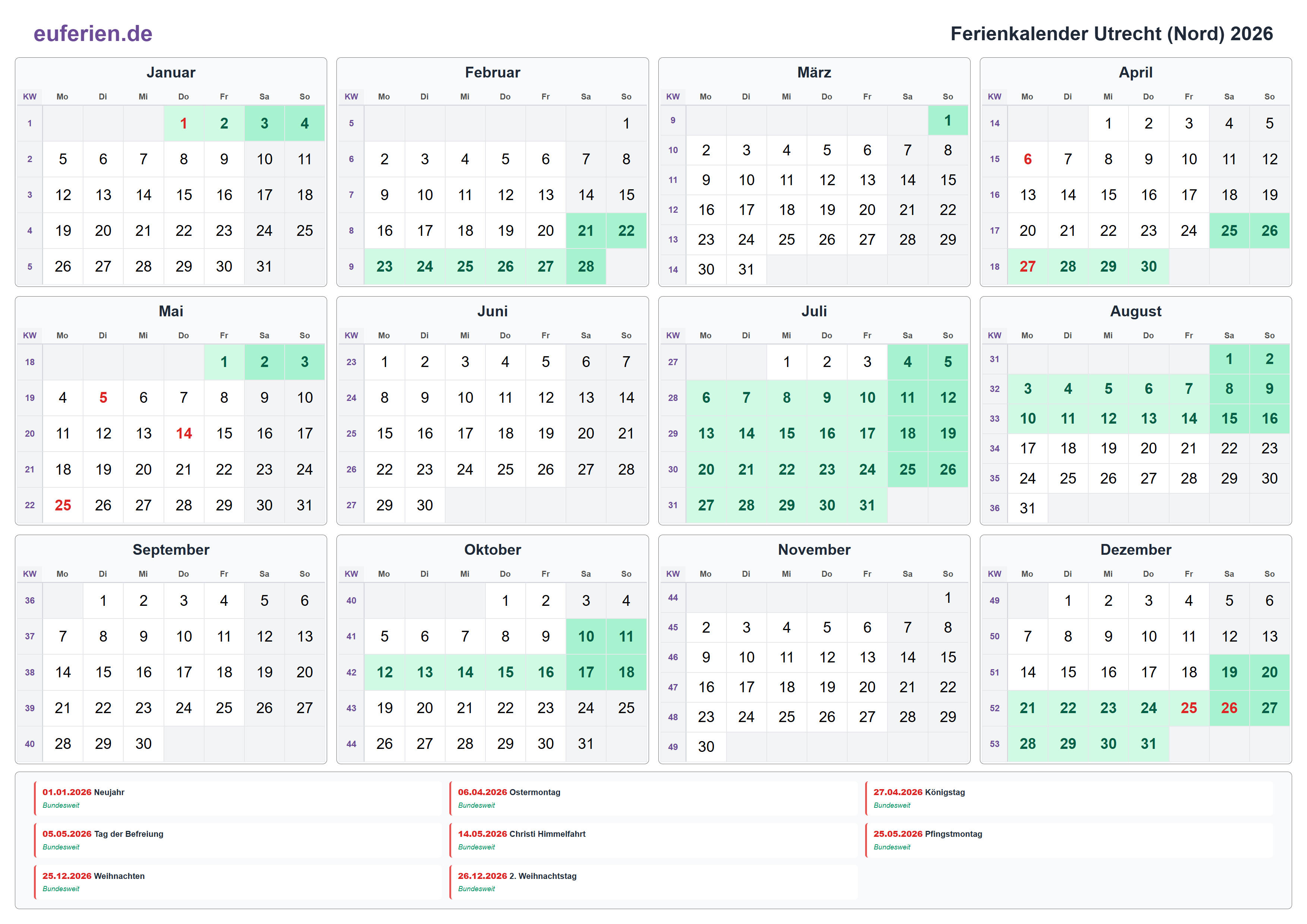Ferienkalender Utrecht (Nord) 2026 – Querformat