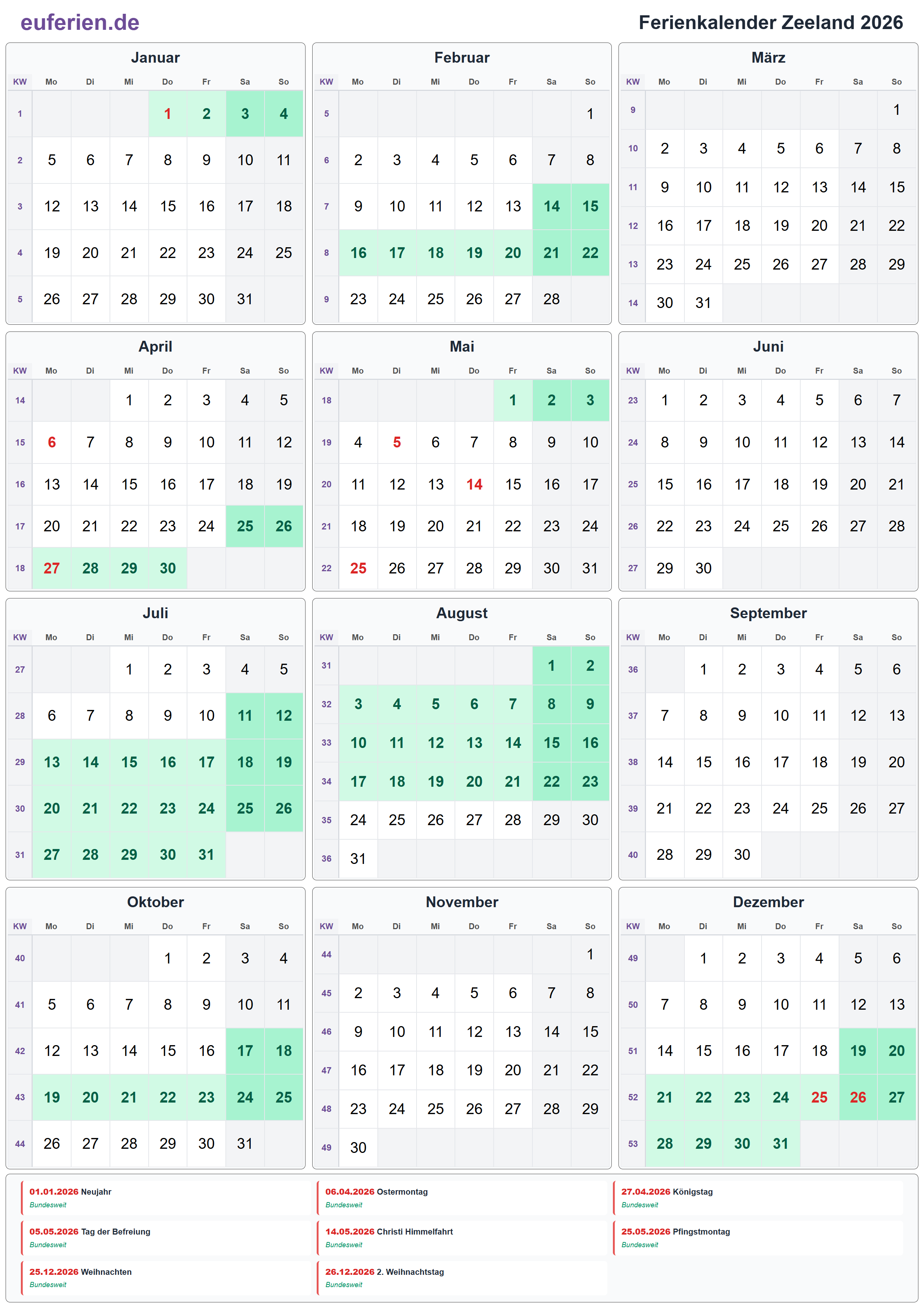 Ferienkalender Zeeland 2026 – Hochformat