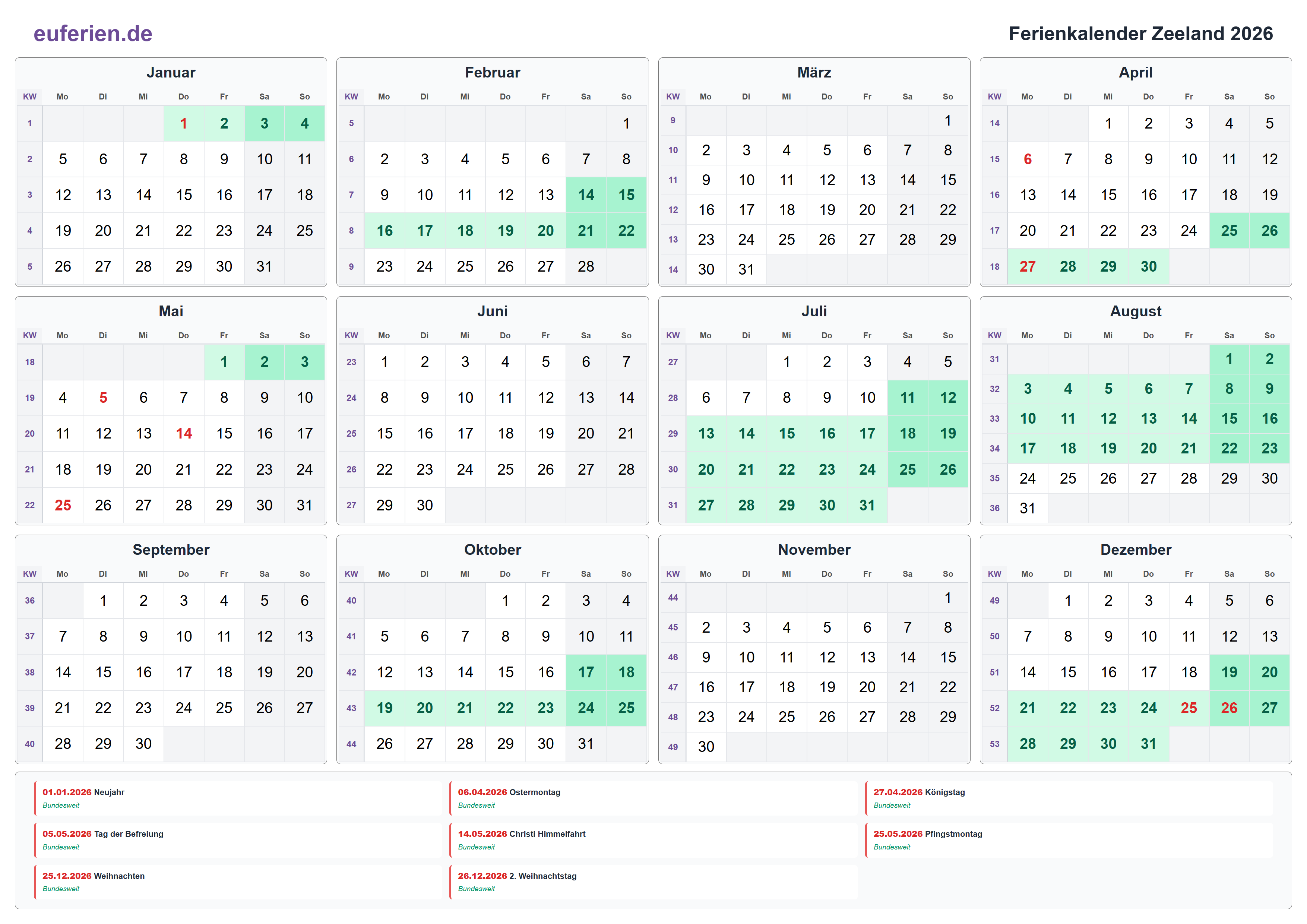 Ferienkalender Zeeland 2026 – Querformat